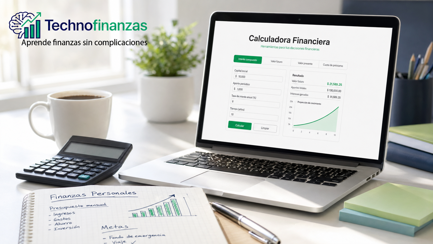 Persona joven revisando sus finanzas personales en un escritorio moderno con laptop, gráficos financieros y logo de Technofinanzas en la esquina superior izquierda.