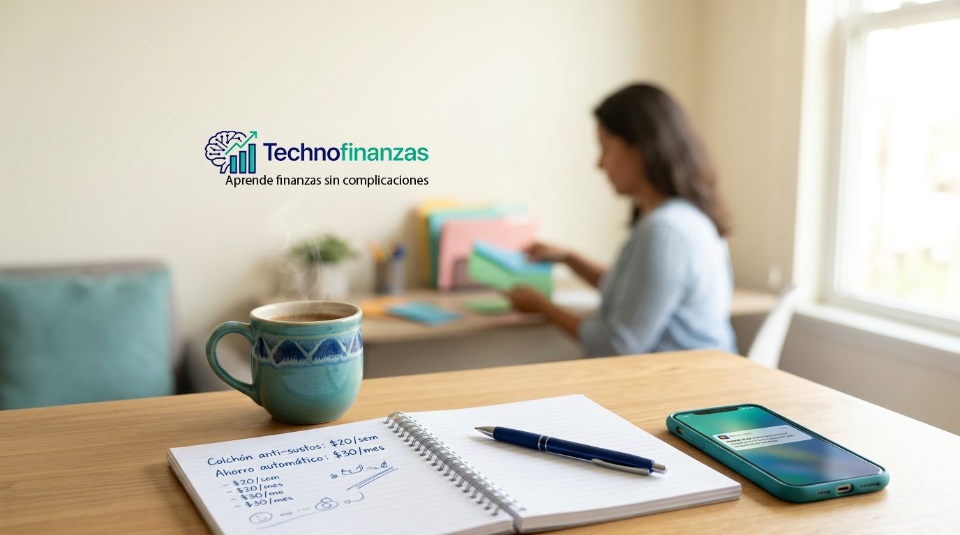 Persona organizando sus finanzas en casa con una libreta de metas de ahorro sobre la mesa y el logo de Technofinanzas en la parte superior izquierda.