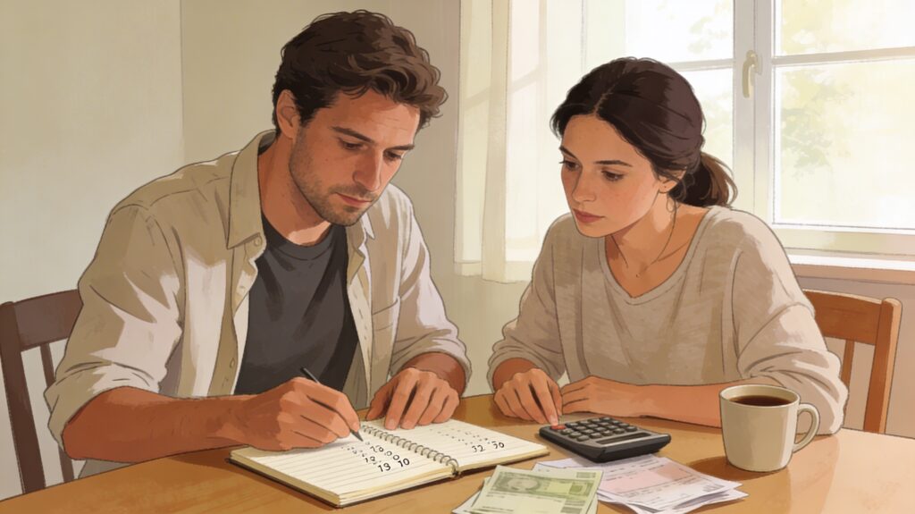 Escena hogareña de un hombre y una mujer revisando juntos su presupuesto en la mesa del comedor.