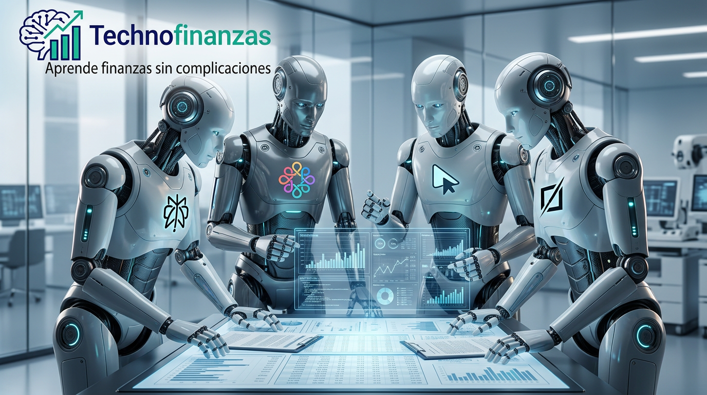 Fotografía hiperrealista de varios robots humanoides analizando datos financieros en equipo con el logo de Technofinanzas en la esquina superior izquierda.