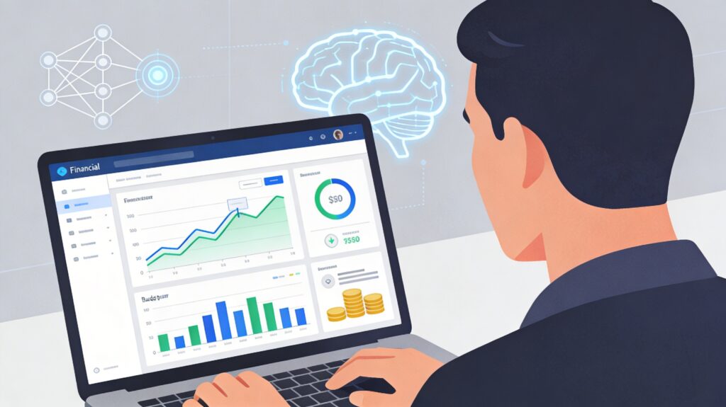 Ilustración de una persona revisando un panel financiero en su laptop con gráficos y símbolos de inteligencia artificial en segundo plano.