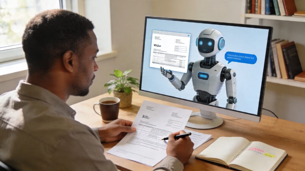 Persona adulta trabajando desde casa en una mesa, revisando estados de cuenta y contrato en papel mientras consulta un chat de inteligencia artificial en la pantalla del ordenador para tomar decisiones financieras con calma.