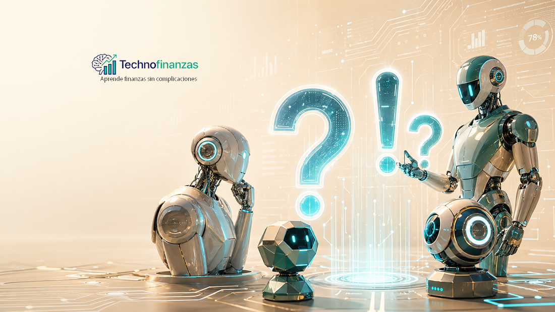 Robots de inteligencia artificial rodeados de símbolos de pregunta y exclamación con logo de Technofinanzas, representando prompts de IA para finanzas personales