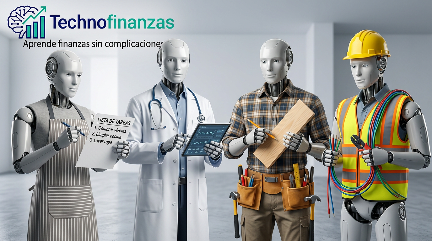 Robots humanoides realistas de distintos oficios en un estudio luminoso, con logo de Technofinanzas en la esquina superior izquierda.