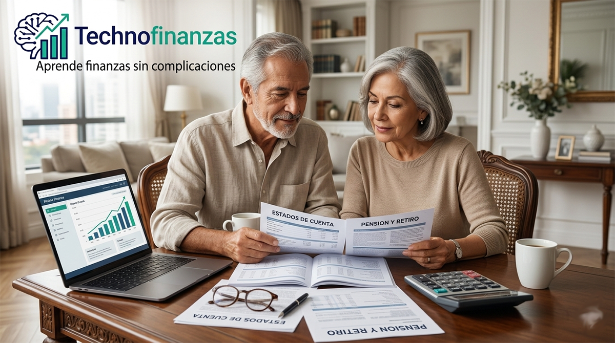 Pareja de adultos mayores latinoamericanos sentados en una mesa iluminada revisando estados de cuenta y planes de retiro, acompañados de una laptop y calculadora. Logotipo de Technofinanzas en la esquina superior izquierda. Estilo editorial de finanzas.