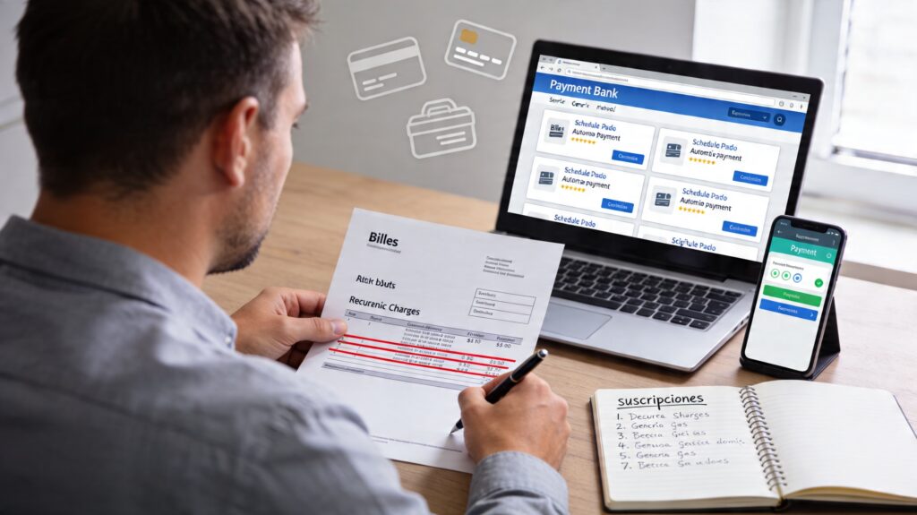 ersona adulta revisando en casa sus pagos automáticos y suscripciones en la banca en línea, con estado de cuenta impreso, móvil con notificaciones y libreta de suscripciones sobre el escritorio