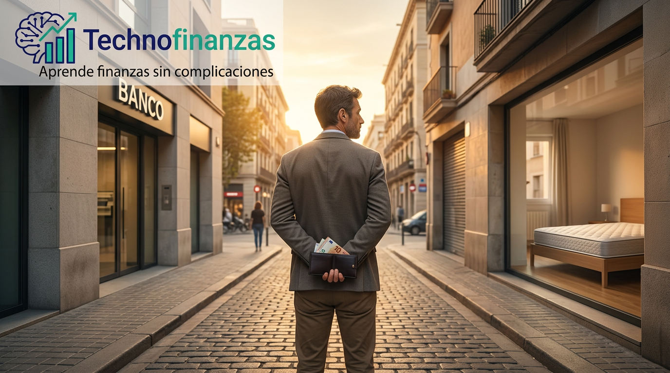 Persona de espaldas dudando entre guardar su dinero en un banco y bajo el colchón, con logo de Technofinanzas.