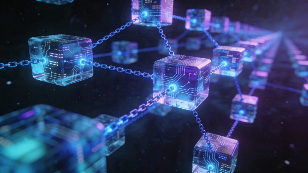 Ilustración conceptual en alta resolución de una red blockchain formada por bloques brillantes conectados por cadenas de luz azul en un entorno digital oscuro.