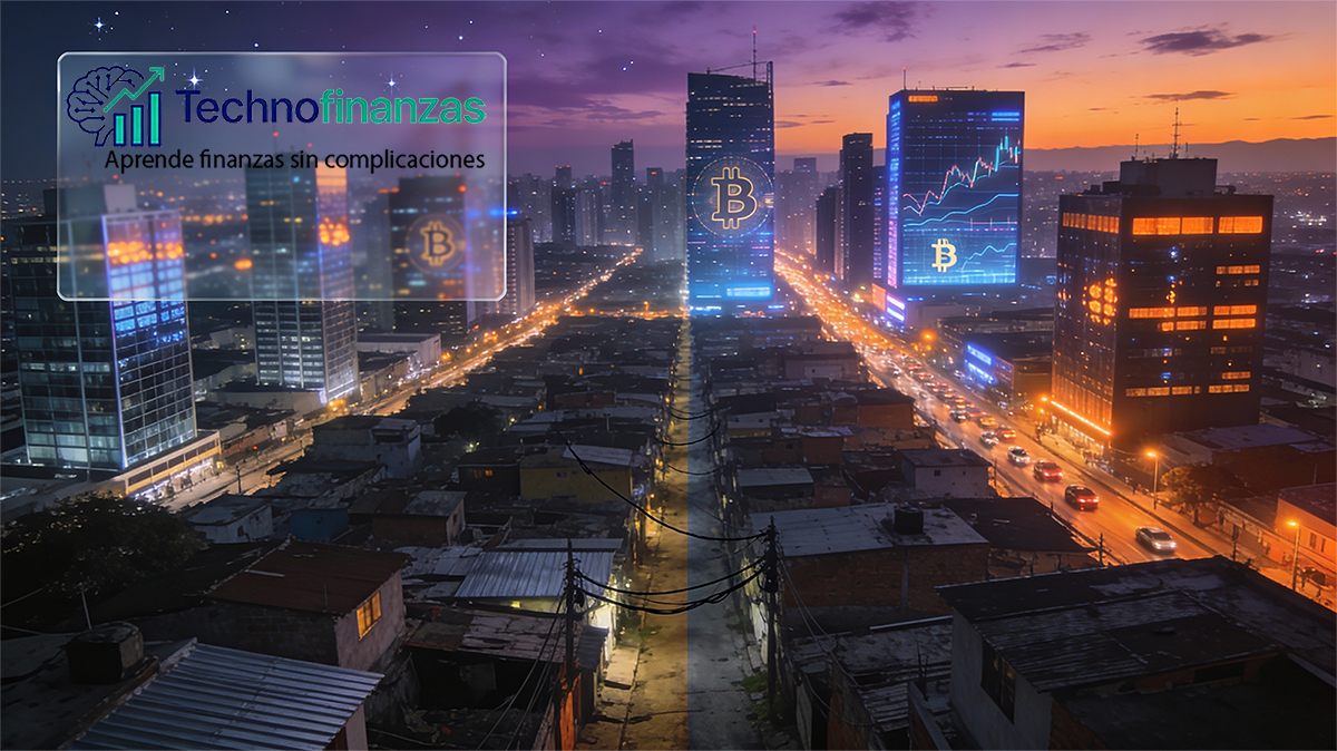 Ciudad latinoamericana al atardecer vista desde arriba, con zona moderna de rascacielos y barrio pobre fusionados, luces nocturnas y espacio transparente para logotipo, representando los riesgos y oportunidades de Bitcoin en Latinoamérica.