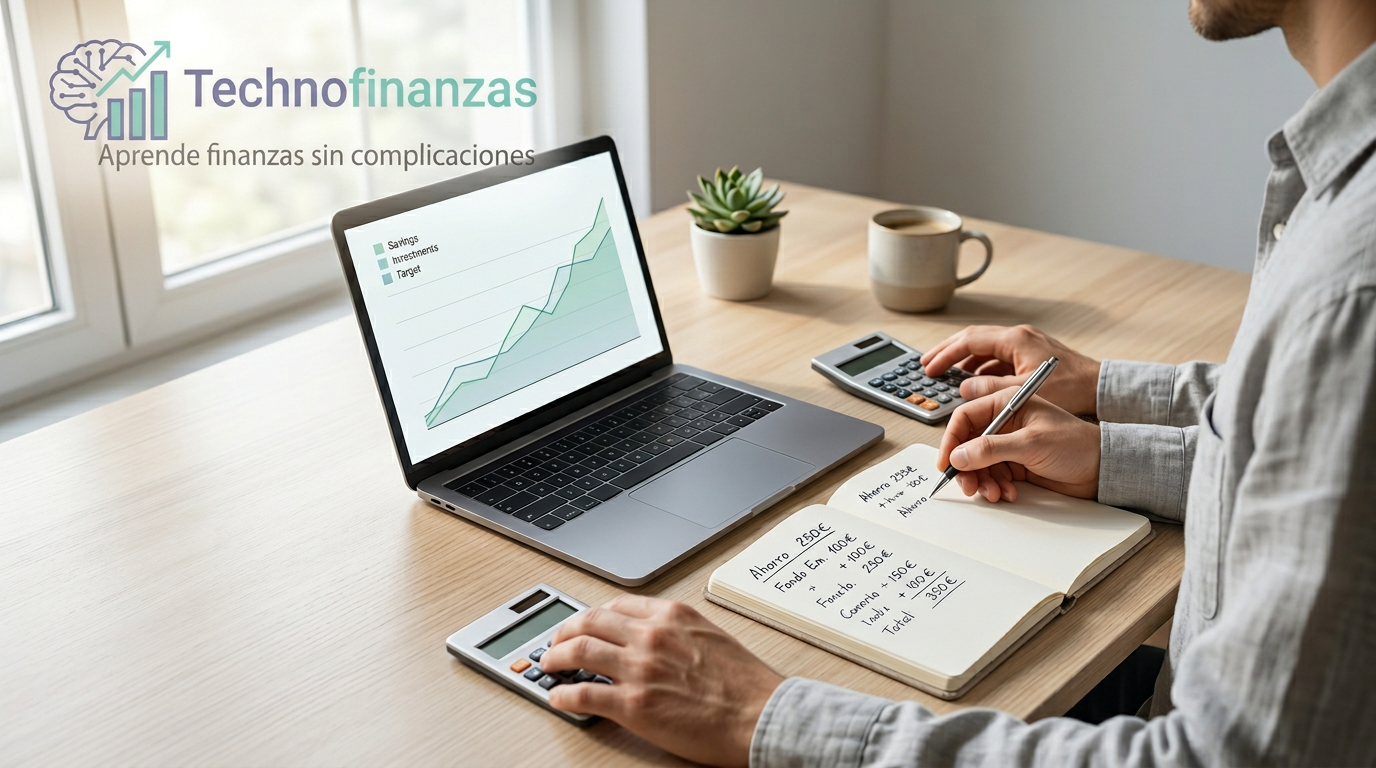Escritorio moderno con portátil, libreta y calculadora organizando ahorros e inversiones – Technofinanzas