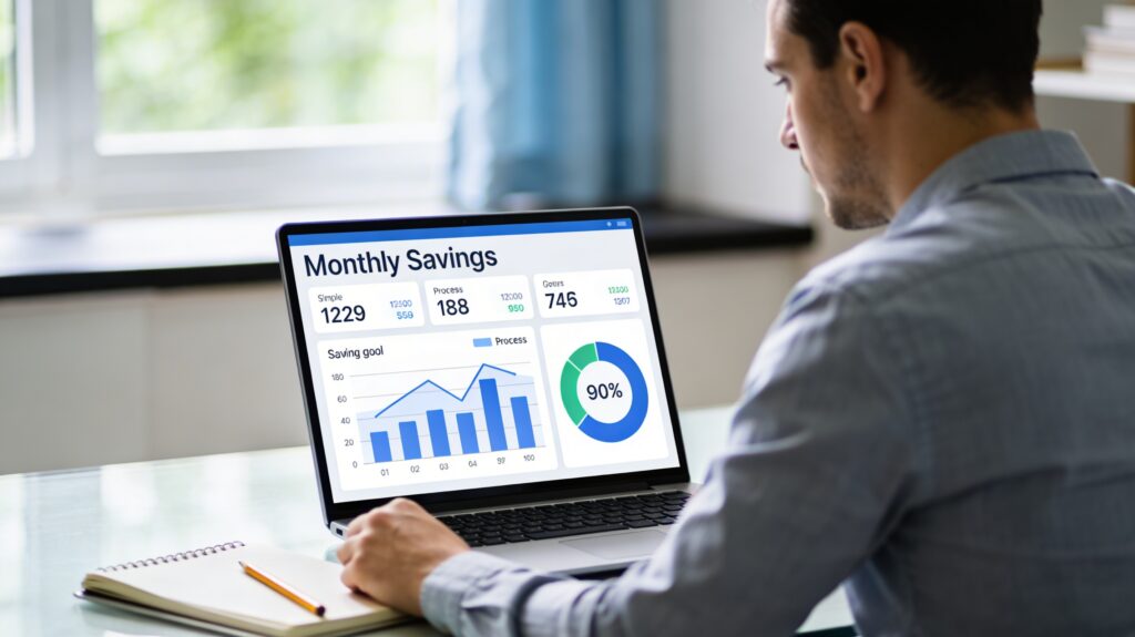 Persona revisando sus ahorros mensuales en una laptop, con gráficos y notas sobre metas de ahorro en la pantalla