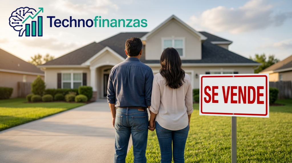Pareja latina mirando una casa en venta en Estados Unidos con letrero ‘SE VENDE’ en el jardín y logo de Technofinanzas en la esquina.
