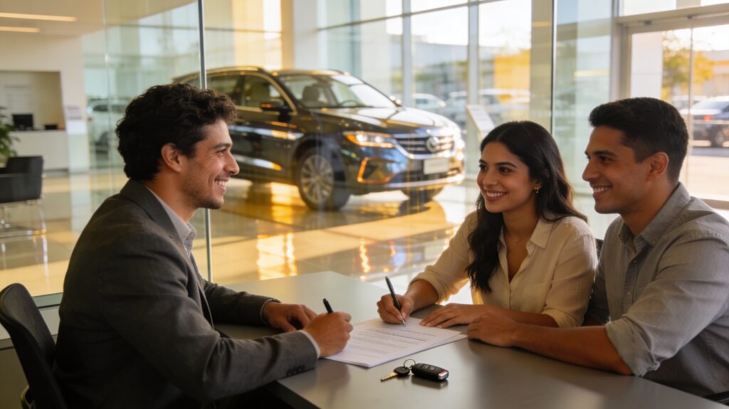 Pareja latina firmando la compra de un automóvil nuevo en un concesionario moderno.