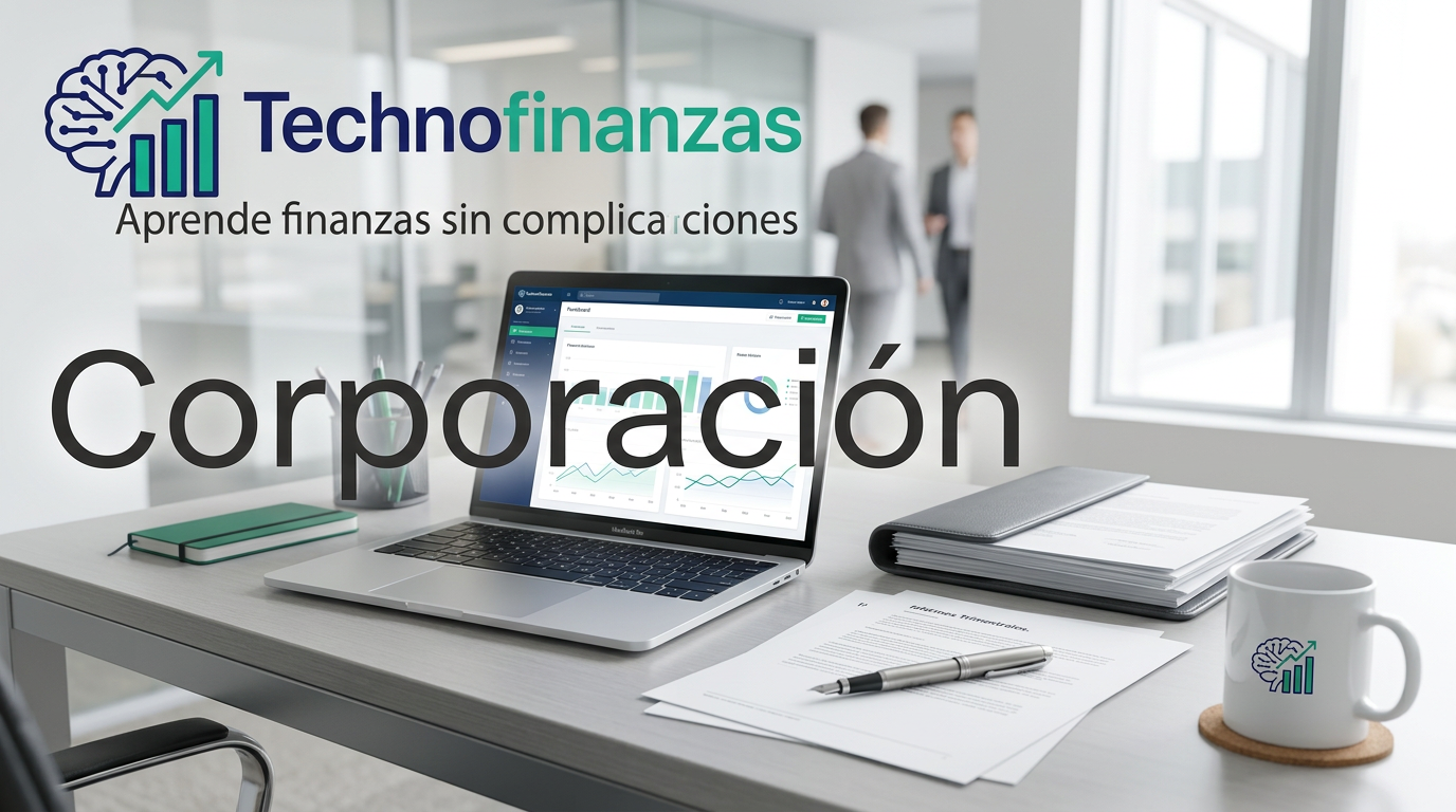 Portada corporativa minimalista con escritorio, laptop, documentos de trabajo, taza de café y logo de Technofinanzas, con la palabra Corporación en primer plano.