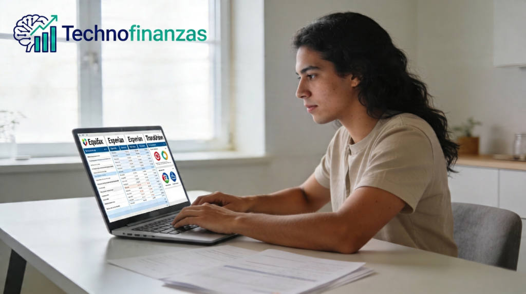 Persona latina revisando su historial de crédito en laptop con logos de Equifax, Experian y TransUnion en un hogar moderno