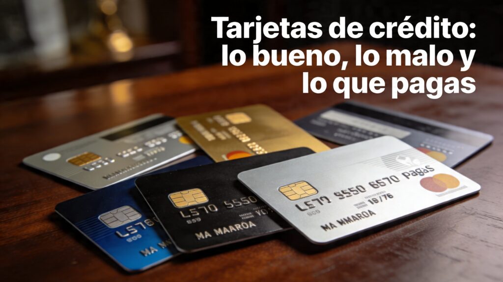 Imagen fotorealista de varias tarjetas de crédito modernas sobre una mesa de madera oscura con la frase 'Tarjetas de crédito: lo bueno, lo malo y lo que pagas' en la parte superior.