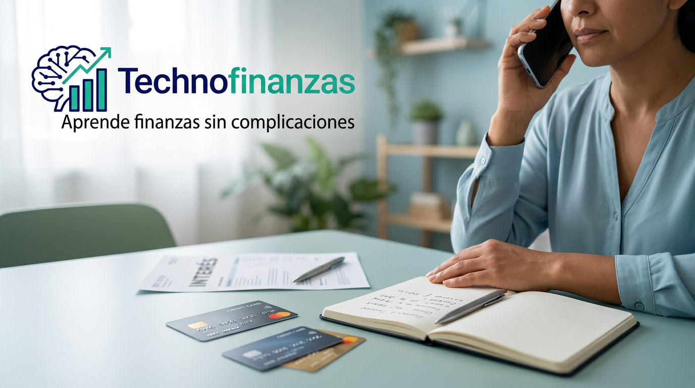 Persona revisando estados de cuenta y tarjetas de crédito mientras habla por teléfono para negociar una tasa de interés más baja.