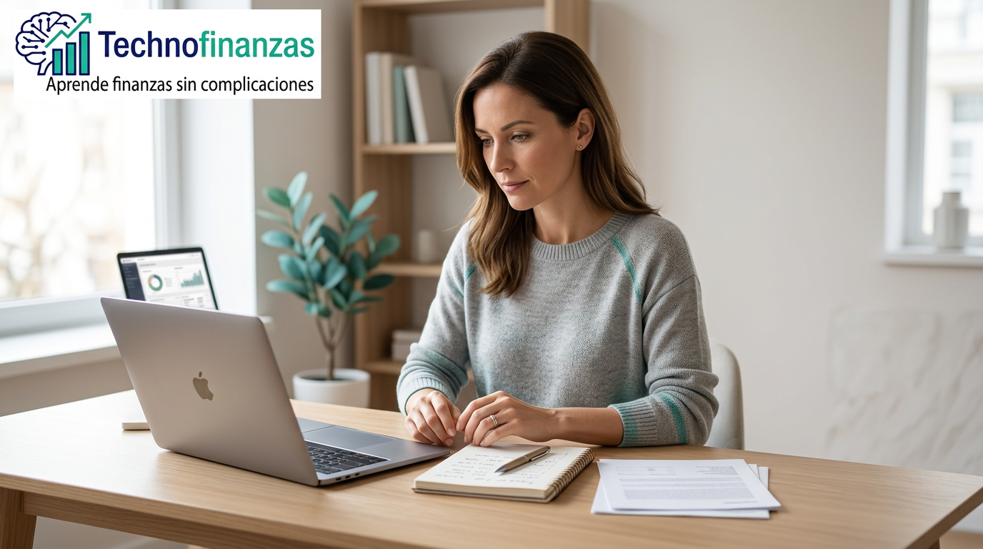 Persona revisando sus finanzas personales en un home office moderno con laptop y logo de Technofinanzas