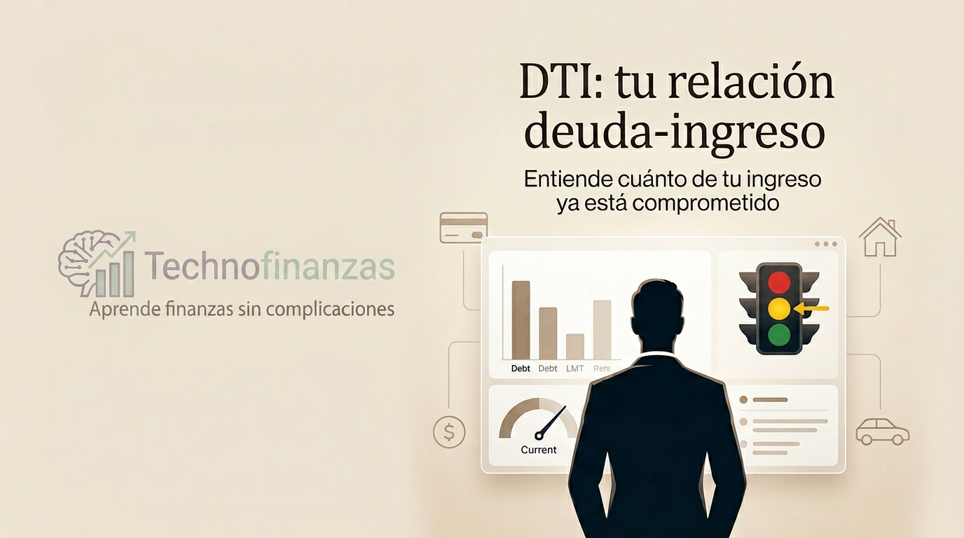 Ilustración del DTI mostrando un tablero financiero con barras de deuda, semáforo de riesgo y el logo de Technofinanzas en la esquina superior izquierda