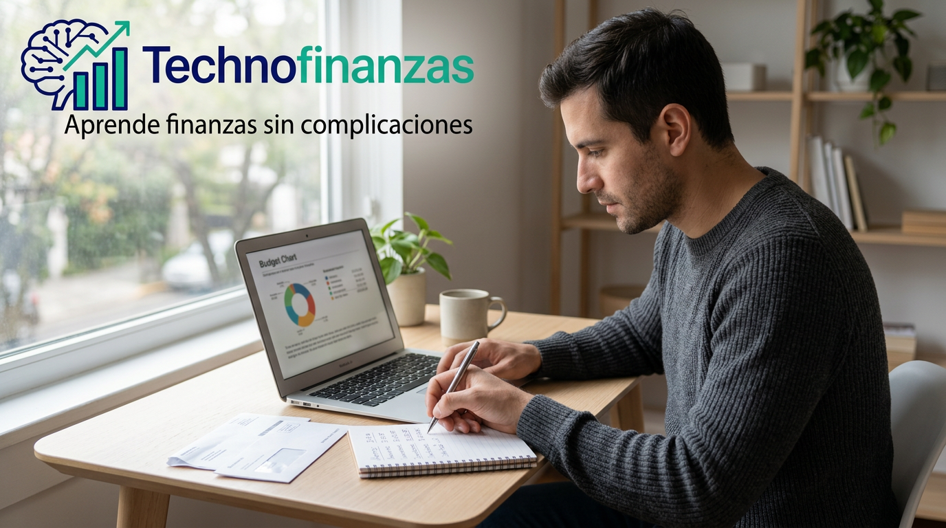 Persona adulta revisando sus finanzas personales en una mesa ordenada con laptop, libreta y estados de cuenta, en su casa con luz natural suave y logo de Technofinanzas en la esquina superior izquierda.