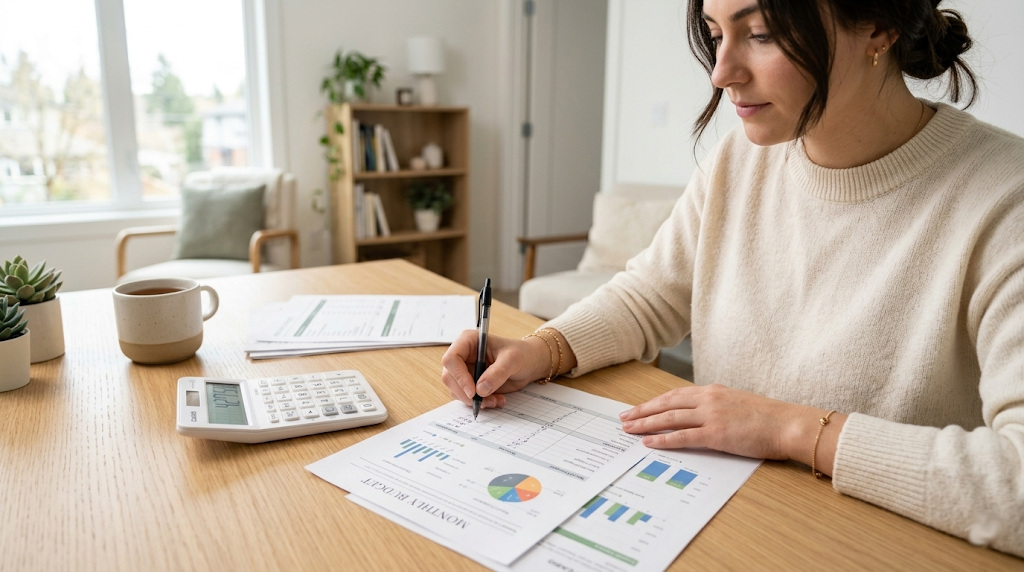 Persona escribiendo su presupuesto mensual con una calculadora y hojas con números sobre un escritorio claro.