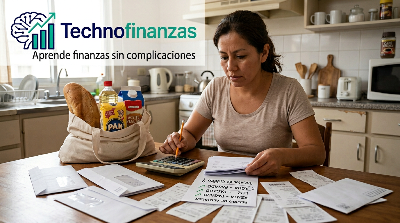 Mujer latina organizando presupuesto familiar en cocina con facturas y alimentos básicos - Technofinanzas