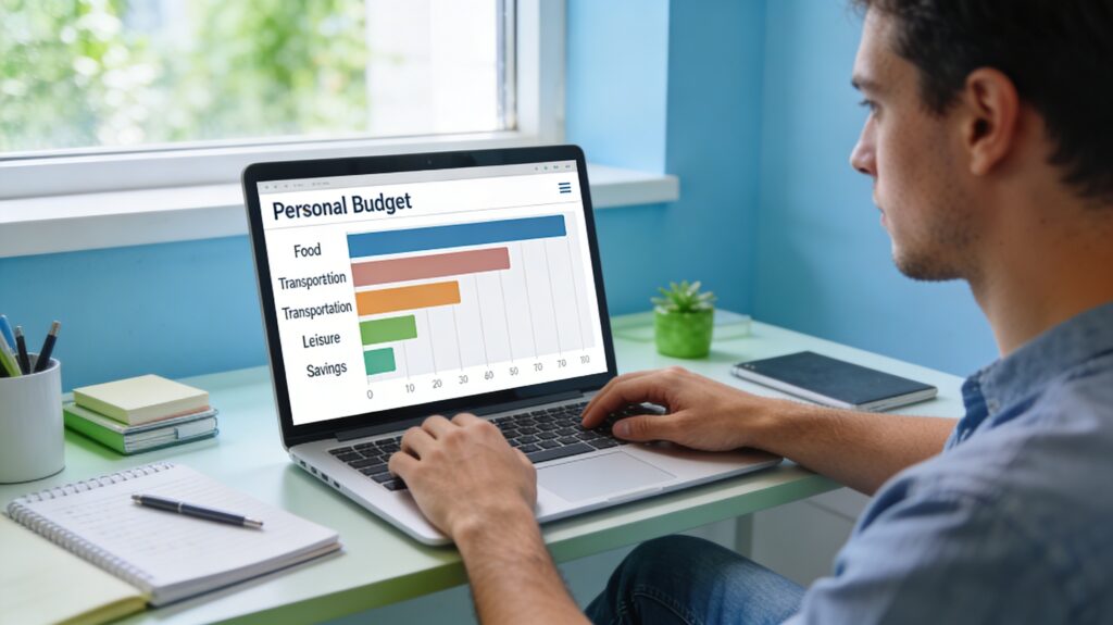 Persona usando su laptop para crear un mini‑presupuesto con ayuda de inteligencia artificial en un entorno doméstico moderno.