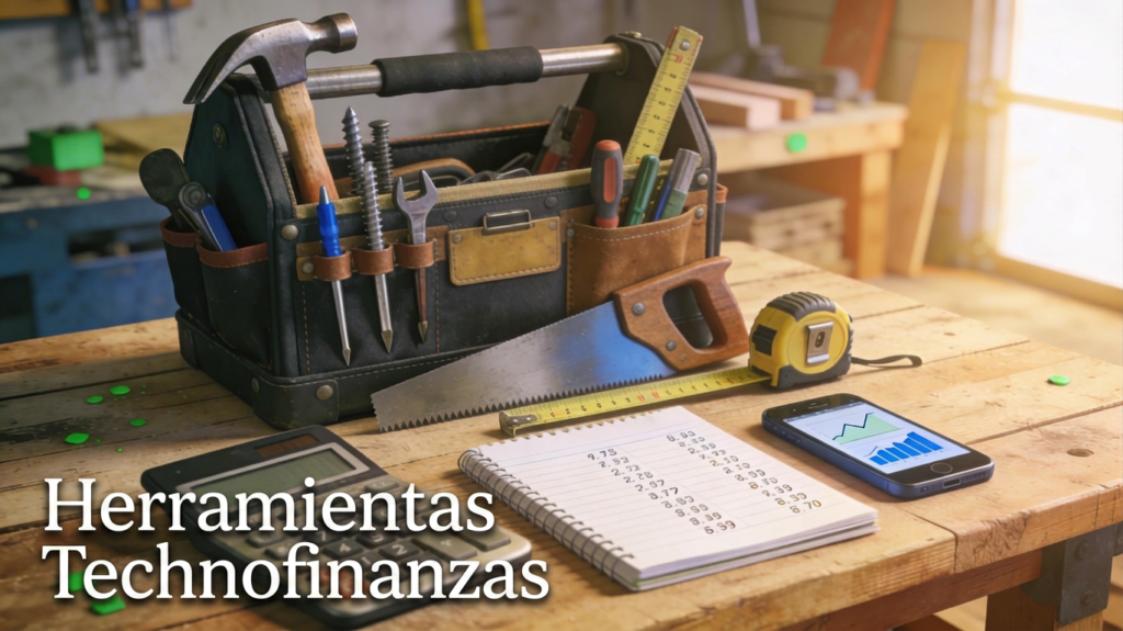 Caja de herramientas de carpintero con herramientas clásicas y elementos financieros, junto al título “Herramientas Technofinanzas”.