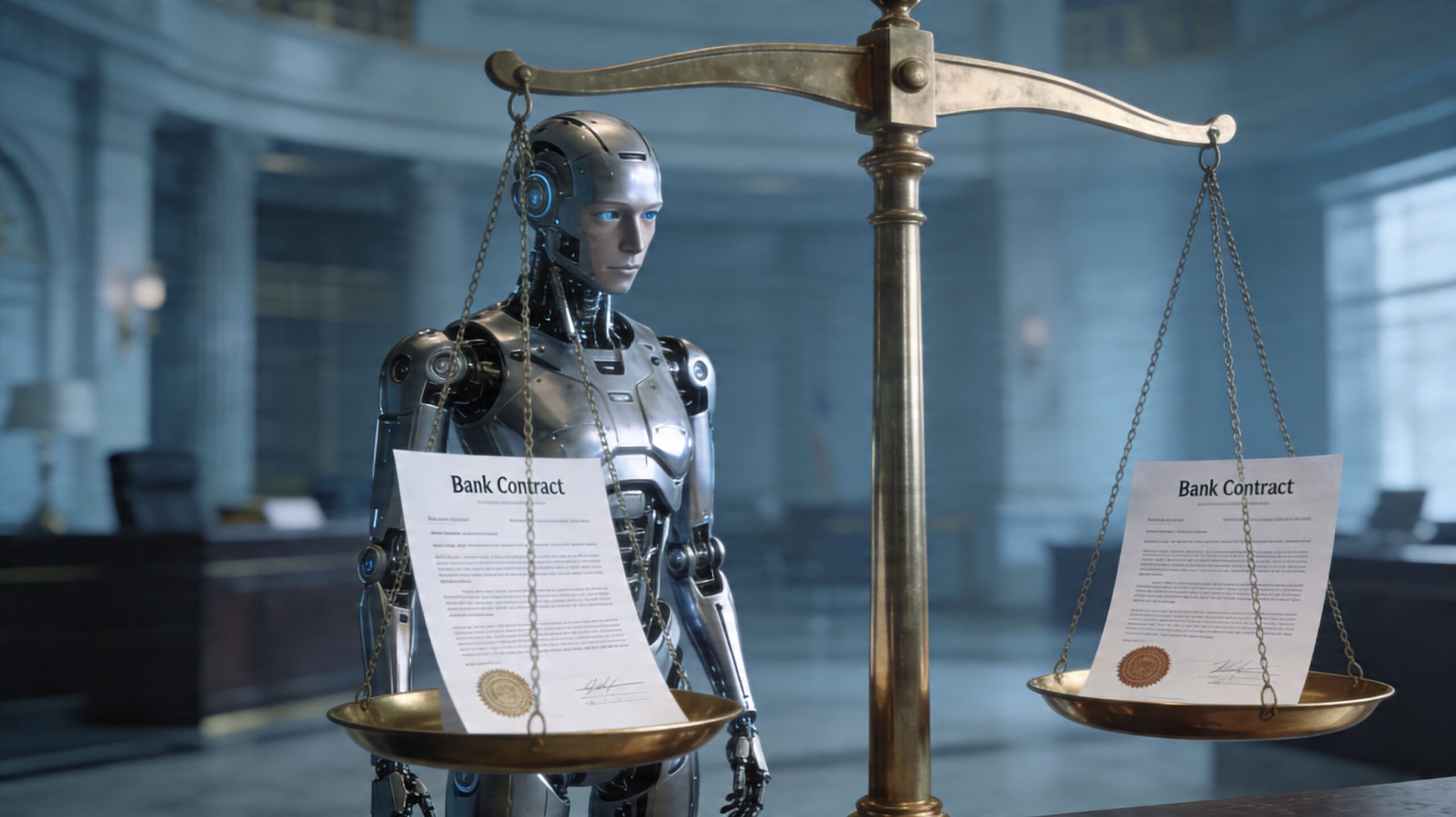 Robot comparando dos contratos bancarios en una balanza