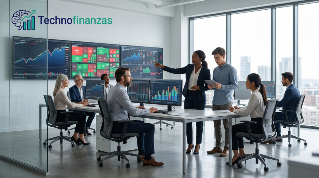 Grupo de analistas financieros en oficina moderna con pantallas de bolsa y logo de Technofinanzas en la esquina superior izquierda.