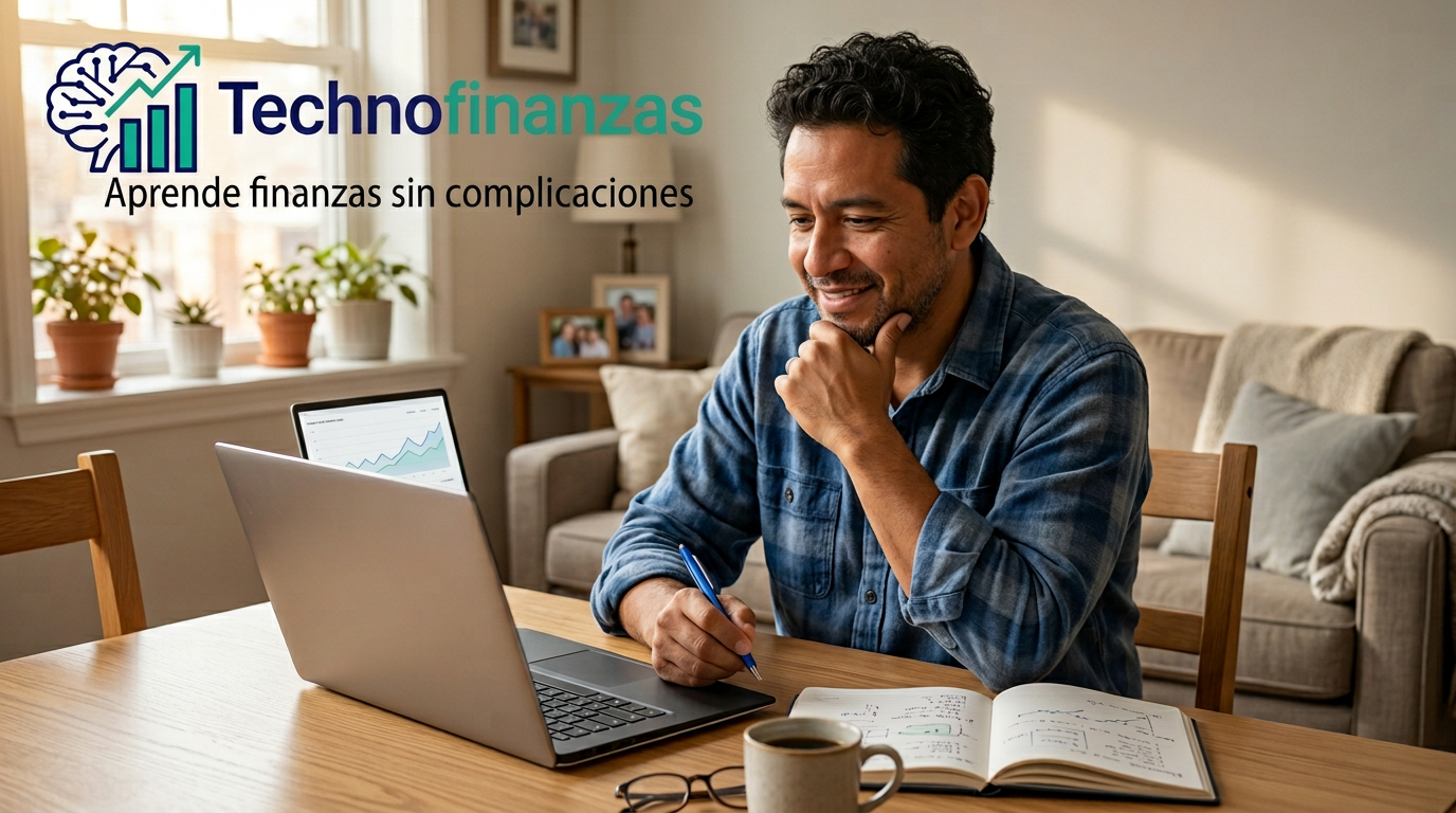 Persona latina concentrada planificando sus finanzas personales en mesa de madera con laptop, gráficos financieros, libreta, billetes y monedas de dólar en ambiente hogareño con luz natural cálida
