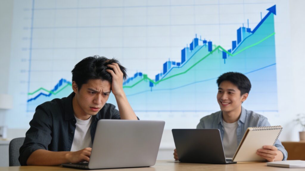 Dos personas frente a sus pantallas reaccionando de manera distinta a la inversión, con una gráfica de Wall Street de fondo.