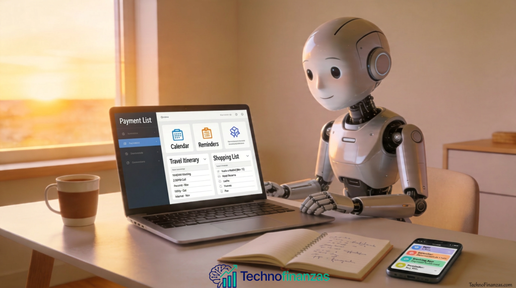 Robot humanoide amigable sentado en una mesa de trabajo en una casa moderna, usando una laptop para organizar pagos, calendario, itinerario de viaje y lista de compras, rodeado de taza de café, libreta y móvil, como asistente de productividad y finanzas personales en TechnoFinanzas.com.
