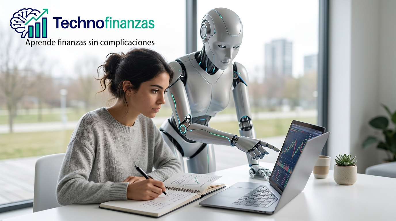 Humano aprendiendo finanzas con un robot mentor en oficina moderna, con logo de Technofinanzas
