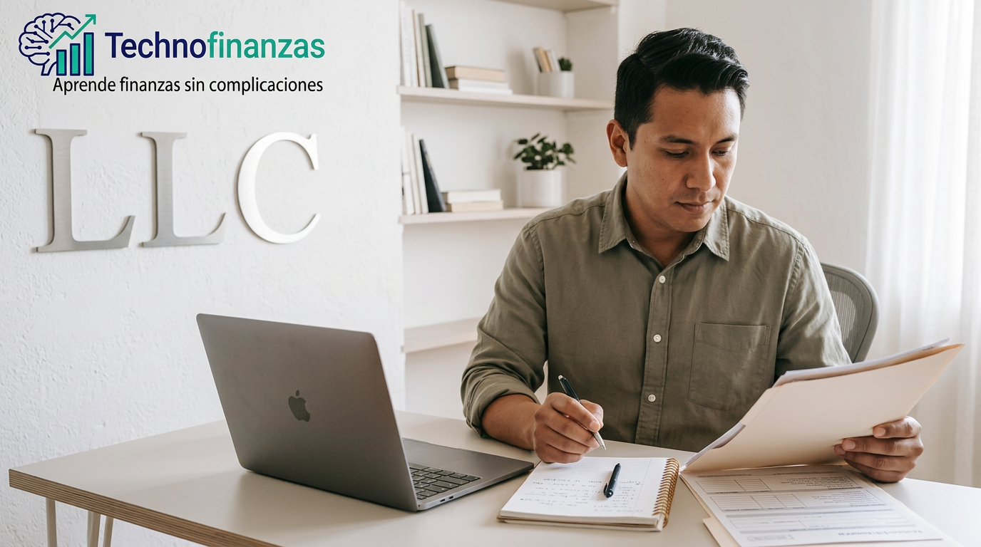 Persona latina trabajando en su laptop y revisando documentos sobre cómo crear una LLC en Estados Unidos, con el logo de Technofinanzas y la palabra LLC en el fondo.