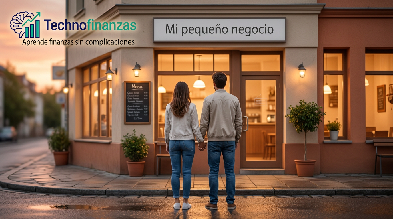 Pareja de espaldas tomada de la mano frente a su pequeño restaurante “Mi pequeño negocio” al atardecer, escena cálida y esperanzadora.