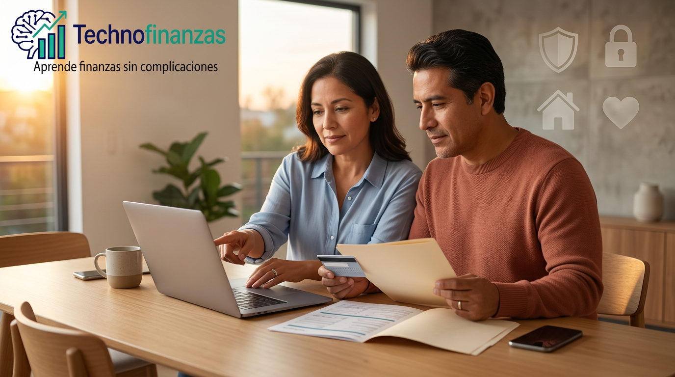 Pareja latina revisando documentos y una laptop en la mesa del comedor, con íconos sutiles de protección financiera y el logo transparente de Technofinanzas en la esquina superior izquierda.