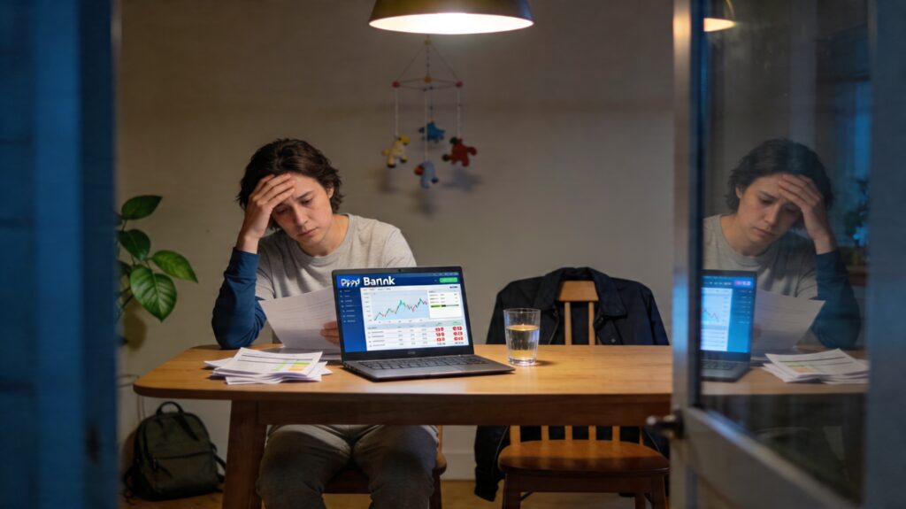 Persona adulta sentada de noche en la mesa del comedor de su casa, revisando estados de cuenta junto a una laptop con app bancaria y un vaso de agua, en un ambiente cálido y sereno de tonos beige, azules y grises