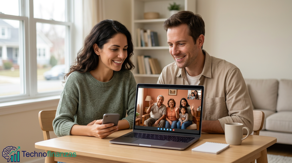 Pareja en apartamento sencillo de Estados Unidos haciendo videollamada con su familia en Latinoamérica