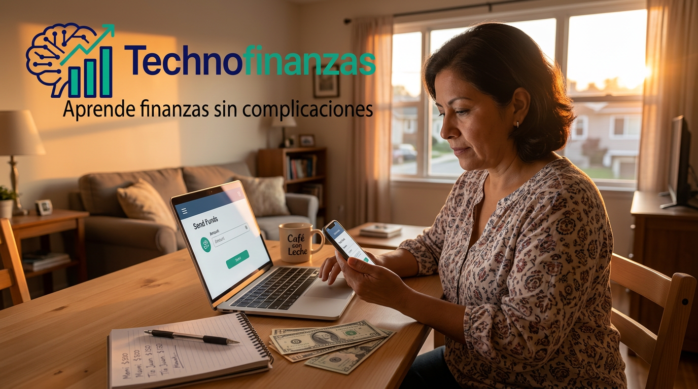 Persona latina en Estados Unidos usando su celular para enviar dinero a su familia desde casa.