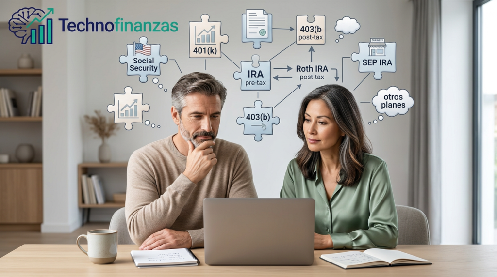 Pareja latina sentada en casa planificando su retiro en EE. UU. con laptop, libreta y conceptos financieros como 401(k) y Social Security visibles.