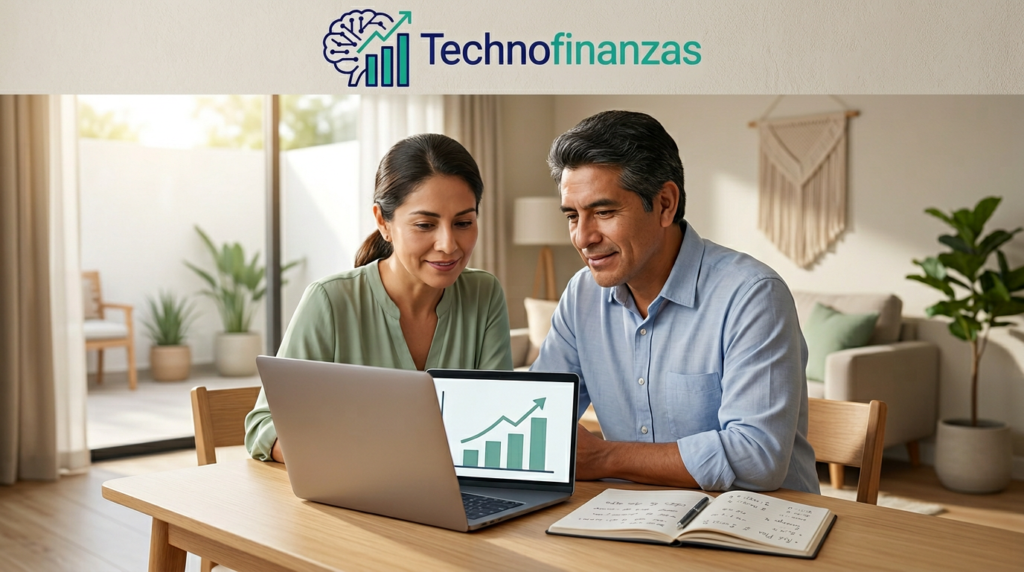 Pareja latinoamericana de mediana edad sentada en su casa, revisando su plan de retiro en una laptop, con el logo Technofinanzas arriba en un banner limpio y moderno.