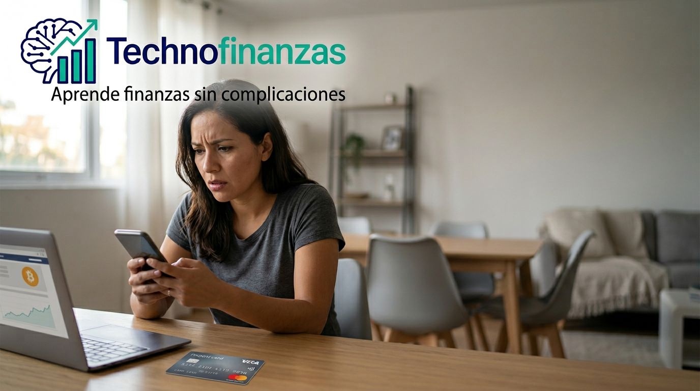 Persona latina preocupada mirando su celular por posible estafa financiera en casa, con logo Technofinanzas en la esquina superior izquierda.