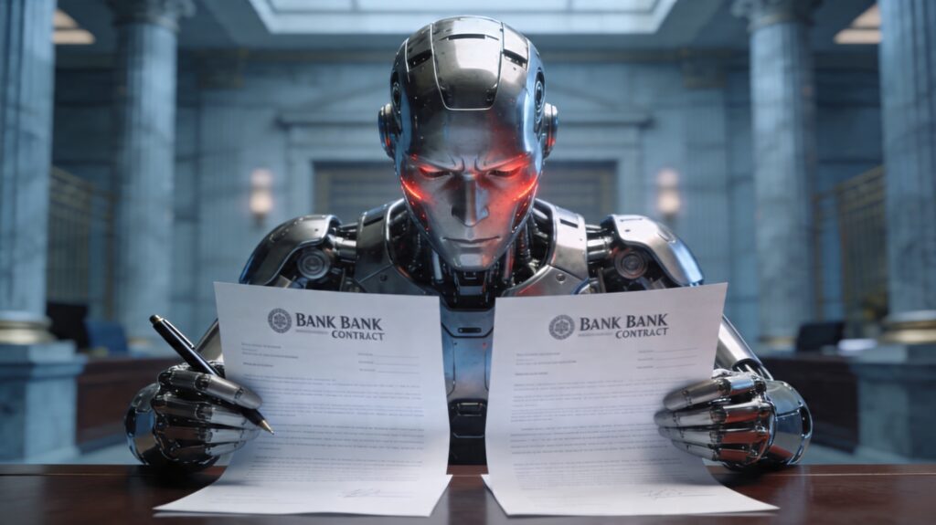 Robot humanoide metálico sentado frente a dos contratos bancarios sobre un escritorio, con el rostro ligeramente sonrojado mientras piensa si los documentos son iguales.