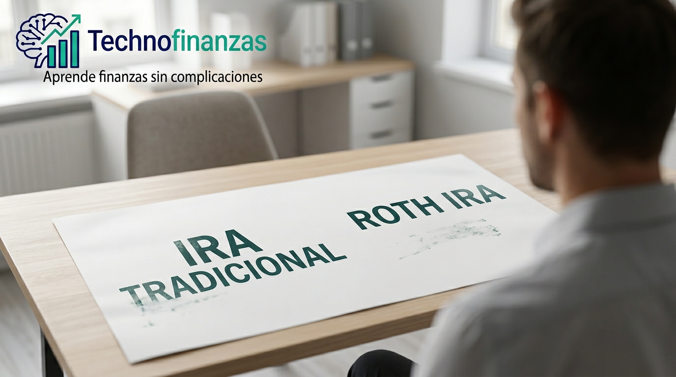 Fotografía realista de una persona analizando un documento con las palabras IRA TRADICIONAL y ROTH IRA, con el logo transparente de Technofinanzas en la esquina superior izquierda.