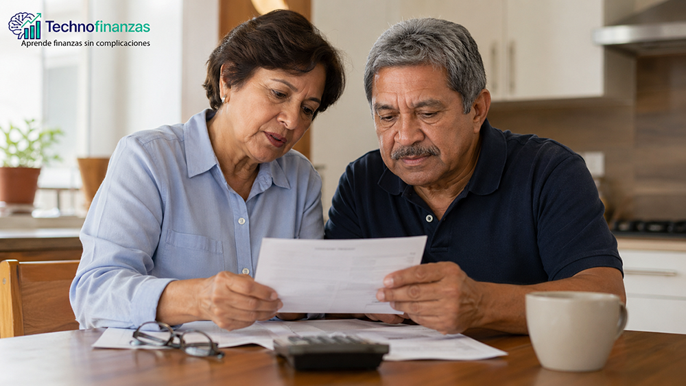Pareja latina de unos 60 años sentada en la mesa de la cocina revisando papeles de retiro, con gafas de lectura, calculadora y taza de café desenfocadas en primer plano, bajo luz suave de mañana y con el logo de Technofinanzas en la esquina superior izquierda.