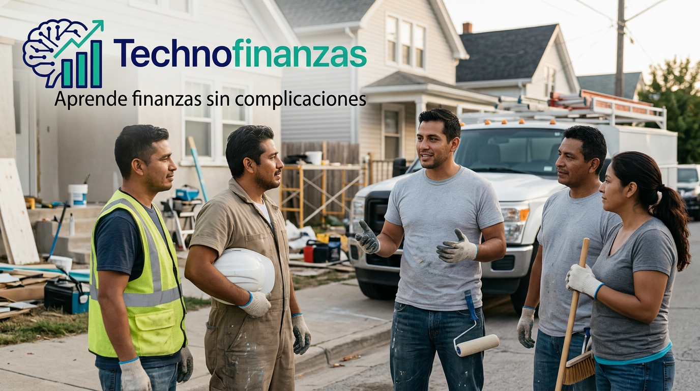 Fotografía editorial de trabajadores latinos de construcción, limpieza y pintura en Estados Unidos conversando y mostrando confianza, con el logo de Technofinanzas en la esquina superior izquierda