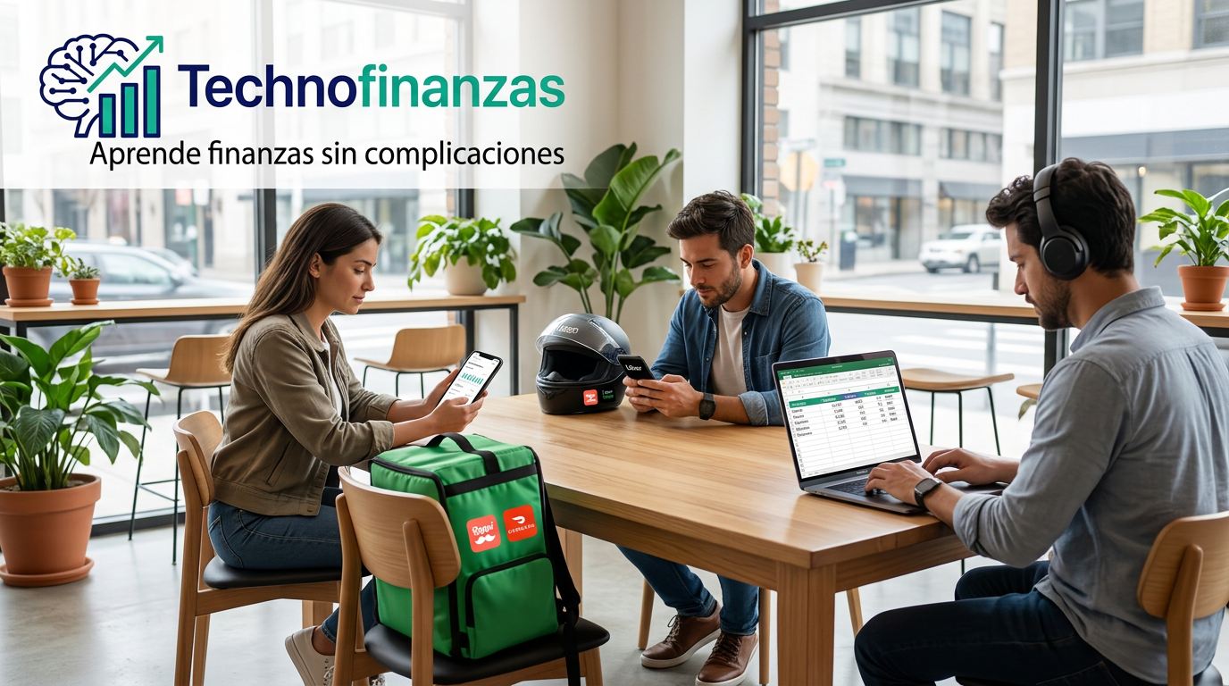Repartidores y conductores de apps organizando sus finanzas en cafetería moderna con logo Technofinanzas