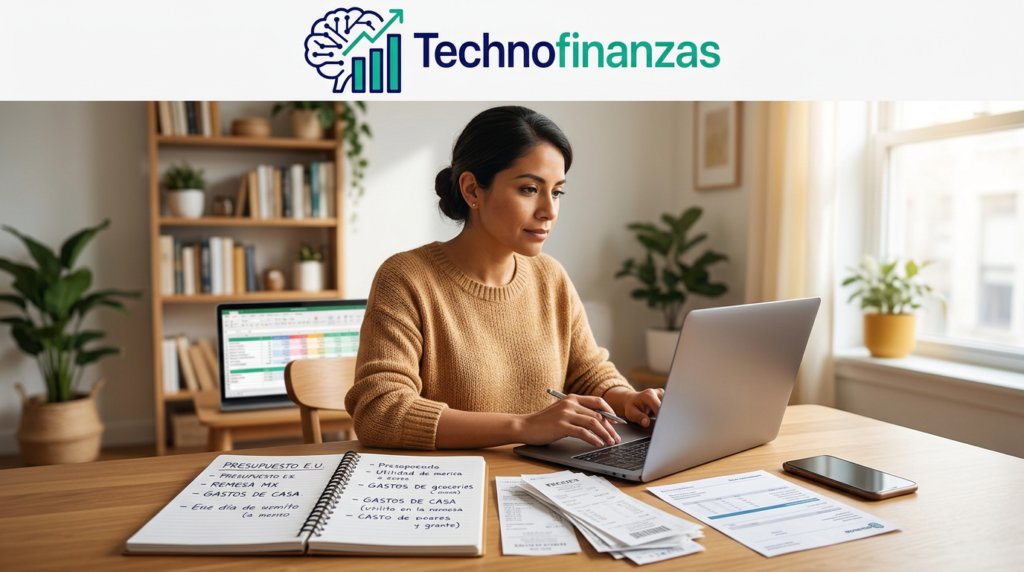 Mujer latina organizando sus finanzas en una mesa con laptop, cuaderno y recibos, bajo el logo de Technofinanzas.