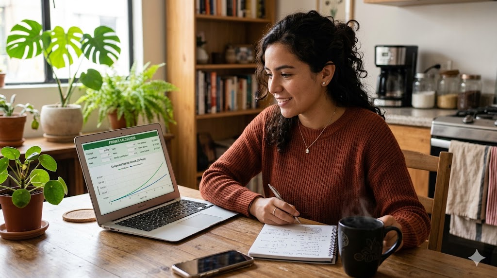 Joven profesional latinoamericano usando una laptop en la mesa de la cocina, con un visualizador de interés compuesto y una gráfica de crecimiento en pantalla.